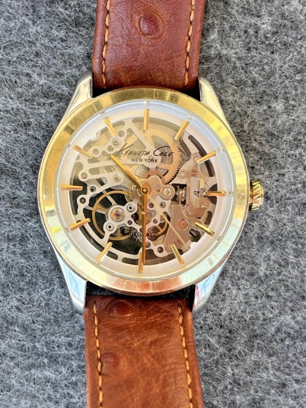 Men's Skeleton Automatic Watch, Steel/Gold Exhibition Case, Ostrich Band